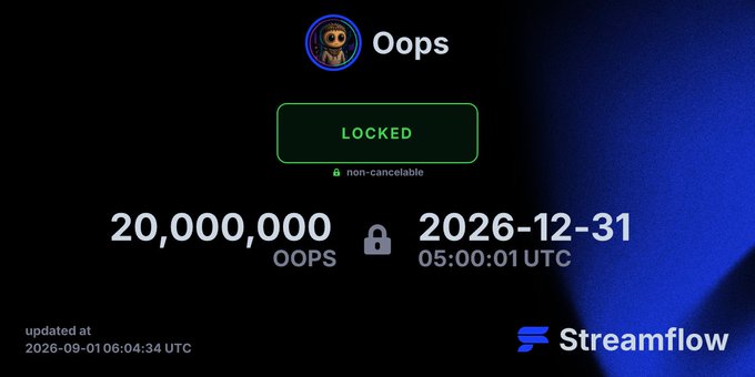 Streamflow contract showing 20,000,000 OOPS locked and non-cancelable until 31 December 2026.